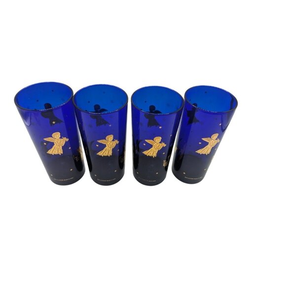 VTG Set 4 Cobalt Blue Cherub Culver Drinking Glass Tom Collins Barware 22K Gold - Picture 4 of 10